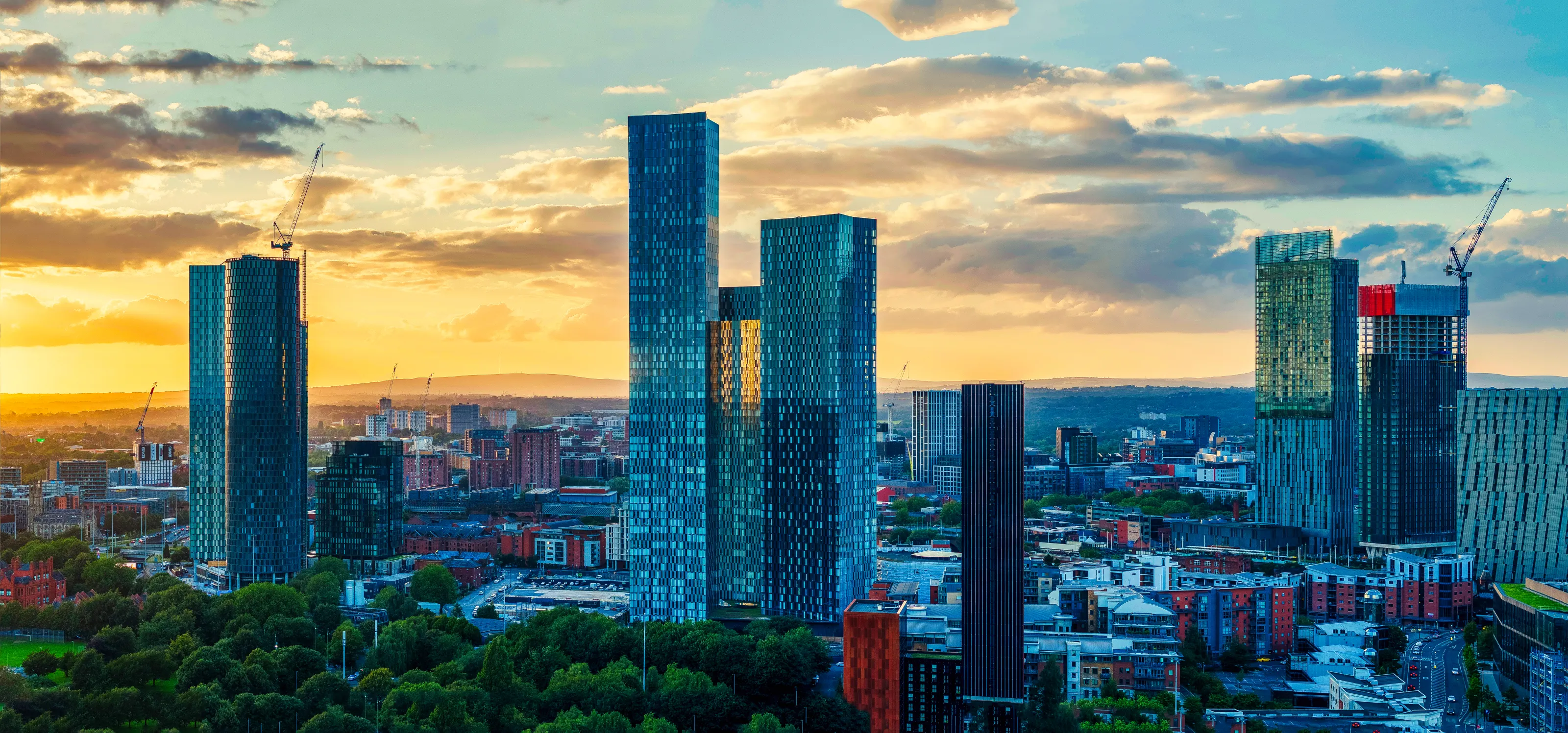 Manchester skyline at sunset