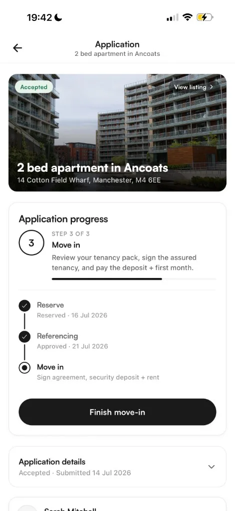 Move-in step on a Staylo application
