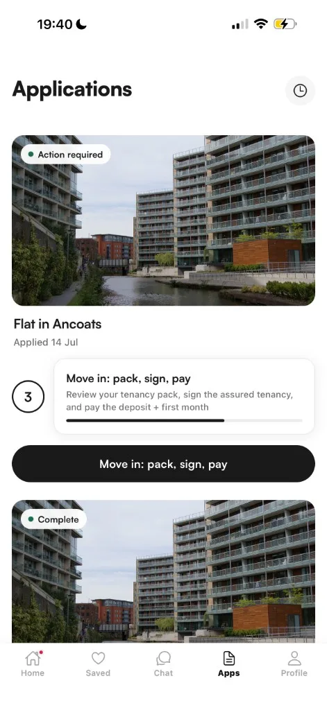 Application list with the next step to take